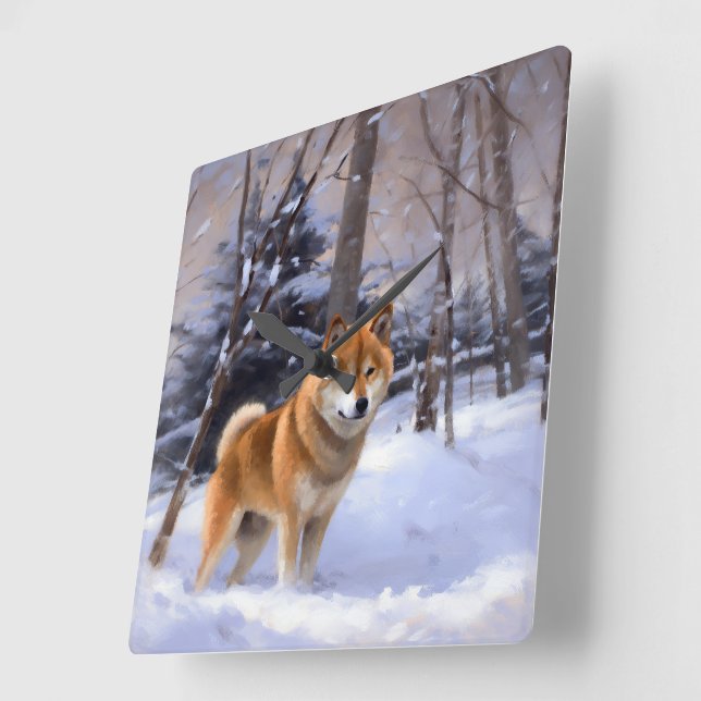 Relógio Quadrado Shiba Inu Deixe Nevar Natal  (Ângulo)