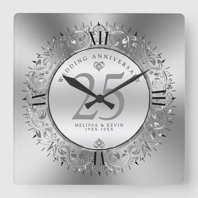 Relógio Quadrado Shinve Silve Swirls Circle Frame 25 casamento (Frente)