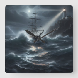 Relógio Quadrado Ship in a storm guided by lighthouse -