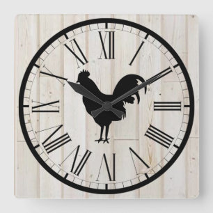 Relógio Quadrado Shiplap Look Farmhouse Rooster Design Wall Clock