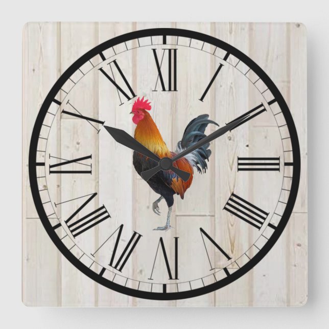 Relógio Quadrado Shiplap Look Farmhouse Rooster Design Wall Clock (Frente)