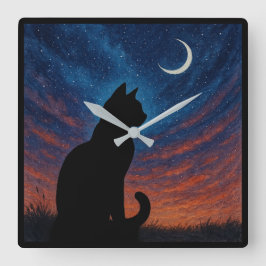 Relógio Quadrado Silhueta de Gato - Céu Noturno com Lua Crescente