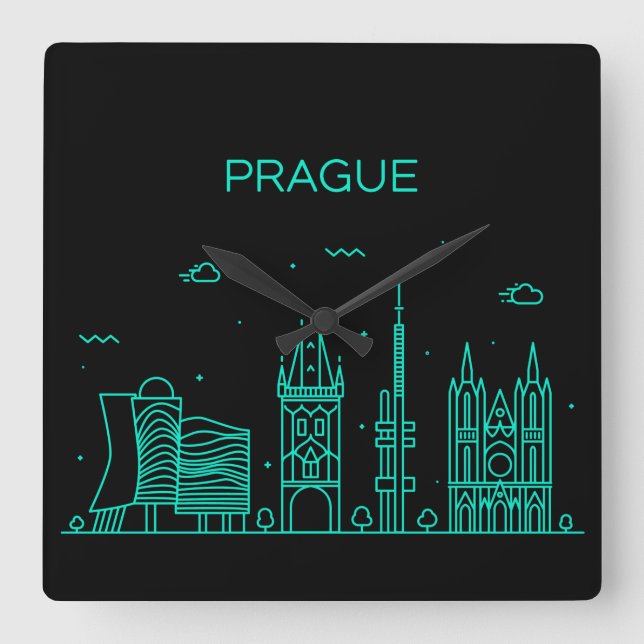 Relógio Quadrado silhueta de Praga (Frente)
