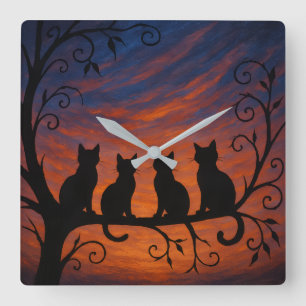 Relógio Quadrado Silhueta de Quatro Gatos