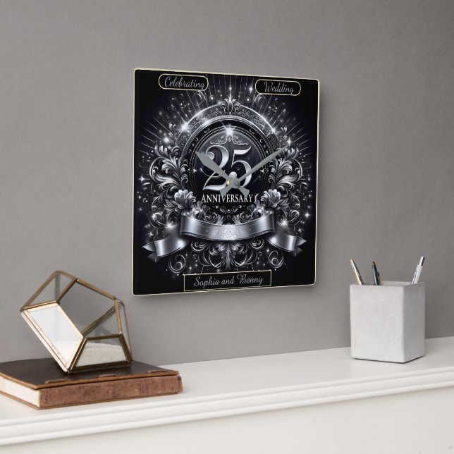 Relógio Quadrado Silver Elegance: 25º Aniversário (Escritório)