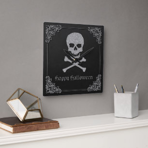 Relógio Quadrado Silver Skull e Crossbones Halloween