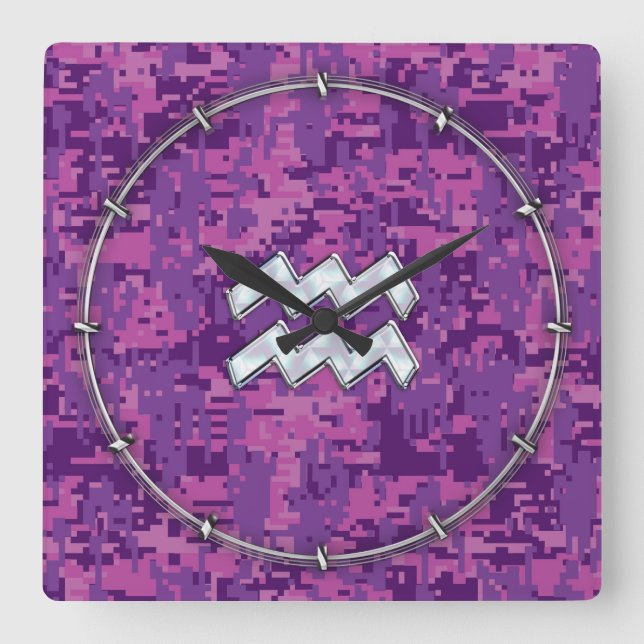 Relógio Quadrado Símbolo Aquarius Zodiac na Camuflagem Digital Rosa (Frente)