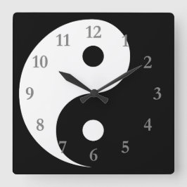 Relógio Quadrado Símbolo Branco Preto Yin Yang com Números Cinza