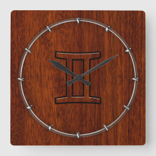 Relógio Quadrado Símbolo moderno Gemini Zodiac em Mahogany como im
