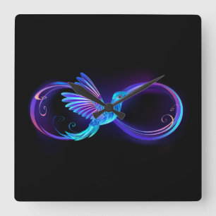 Relógio Quadrado Símbolo Neon Infinity com Hummingbird brilhante