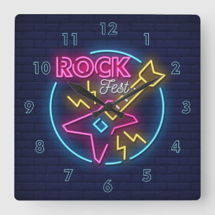 Relógio Quadrado Símbolo Simulado Rock Fest Neon Contra Muro De Bri