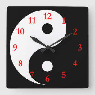 Relógio Quadrado Símbolo Yin Yang branco/preto com números vermelho