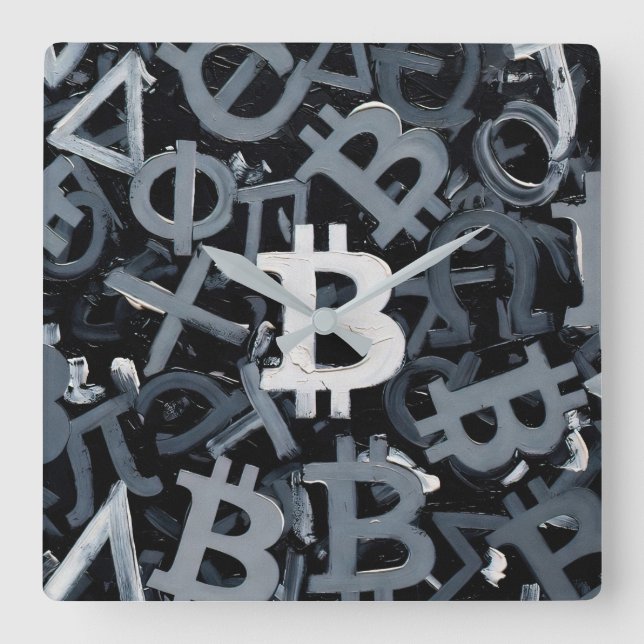 Relógio Quadrado Símbolos de Bitcoin (Estilo: 3) (Frente)