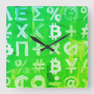 Relógio Quadrado Símbolos de Bitcoin (Lucro Brilhante Verde - 2)