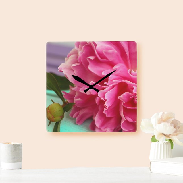 Relógio Quadrado Simples Flor de Peônia Rosa (Criador carregado)