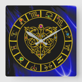 Relógio Quadrado SINAIS ZODIACAIS EM AZUL, Astrologia DOURADA DO CO