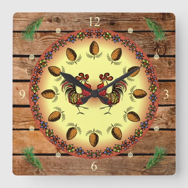 Relógio Quadrado Sinal De Barn ~ Sinal Hex ~ 2 Roosters ~ Pine Cone (Frente)