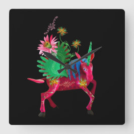 Relógio Quadrado Sinal de caixa de madeira mexicana rosa Alebrije