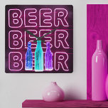 Relógio Quadrado Sinal de Cerveja de LED Neon<br><div class="desc">Relógio de parede quadrado impresso com sinal de bar de aparência neon. O design tem garrafas coloridas de cerveja e está escrito com a palavra BEER em LED strip-luz.</div>