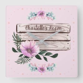Relógio Quadrado Sinal de Floral de Meninas Personalizado em Madeir