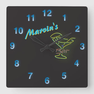 Relógio Quadrado Sinal de Neon Azul - Tavern de Mancave Personalizá
