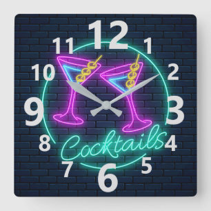 Relógio Quadrado Sinal de Neon Cocktails