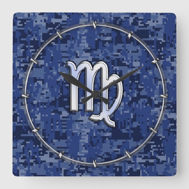 Relógio Quadrado Sinal de Virgo Zodiac no Marinho Blue Digital Camo (Frente)