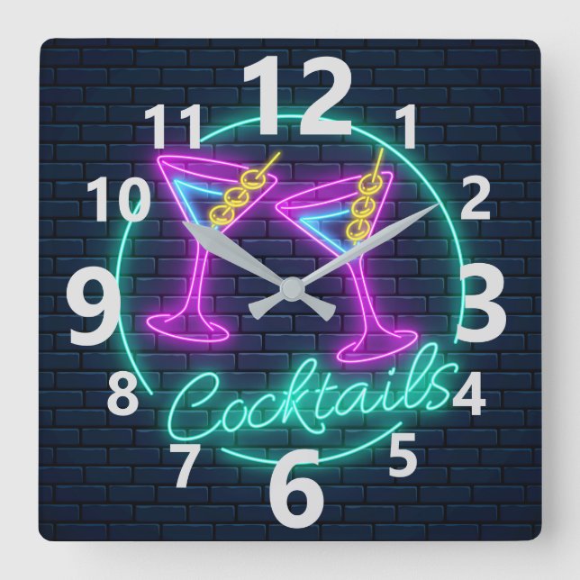 Relógio Quadrado Sinal Neon Cocktails (Frente)