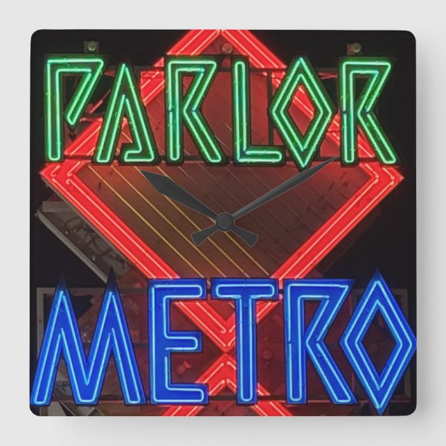 Relógio Quadrado Sinal Neon Parlor Metro (Frente)