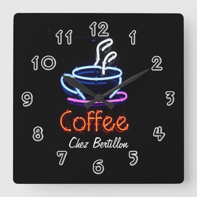 Relógio Quadrado Sinal Neon Personalizado Café Coffee (Frente)
