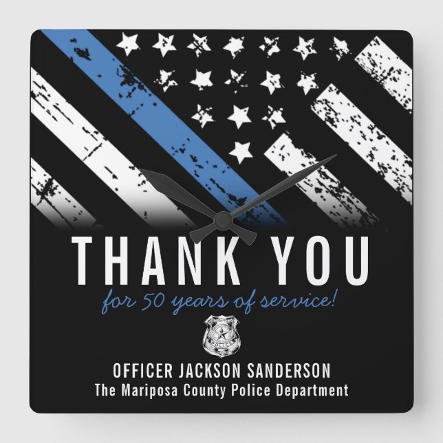 Relógio Quadrado Sinalizador da Linha Azul do Aniversário da Políci (Frente)