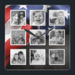 Relógio Quadrado Sinalizador EUA Crie sua Colagem de Fotos Personal<br><div class="desc">Crie sua foto personalizada 9 com quadro branco no relógio de colagem de fotos do Instagram com suas imagens personalizadas em um plano de fundo de bandeira americano moderno. Adicione suas fotos, designs ou trabalhos de arte favoritos para criar algo realmente único. Para editar este modelo de design, basta carregar...</div>