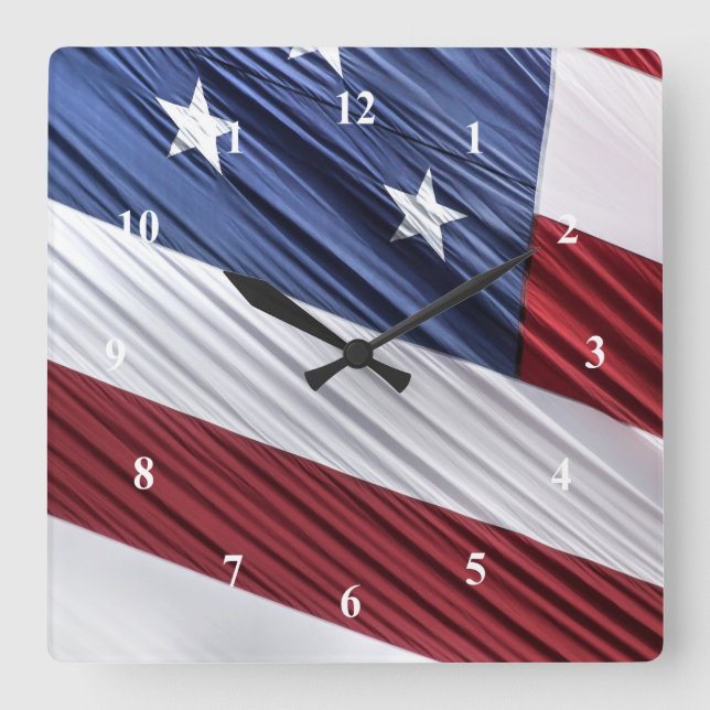 Relógio Quadrado Sinalizador Patriótico Americano Vermelho, Branco  (Frente)