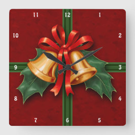 Relógio Quadrado Sinos de Natal e Holly deixa vermelho