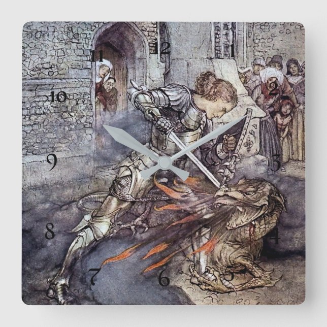 Relógio Quadrado "Sir Lancelot lança o dragão" por Arthur Rackham (Frente)