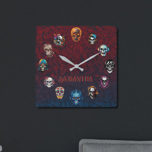 Relógio Quadrado Skull Art
