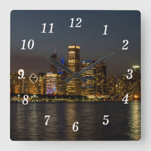 Relógio Quadrado Skyline Chicago Pano Wall Clock Noturno