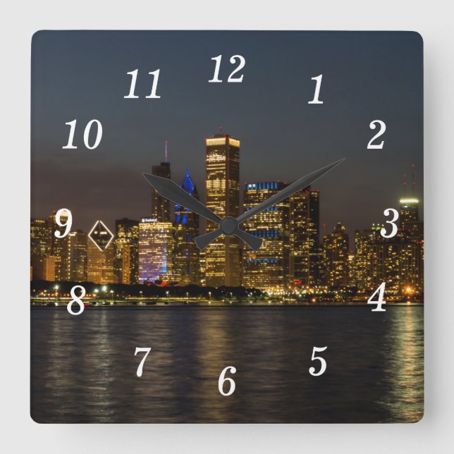 Relógio Quadrado Skyline Chicago Pano Wall Clock Noturno (Frente)