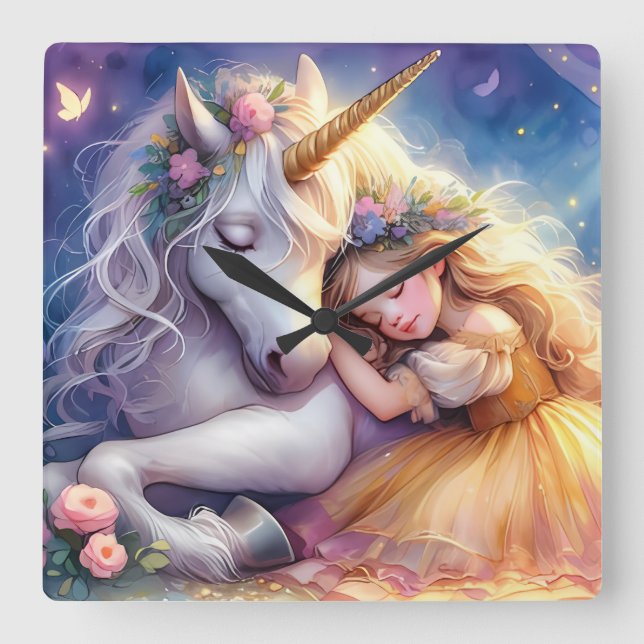 Relógio Quadrado Sleeping Girl Unicorn Dreamscape (Frente)