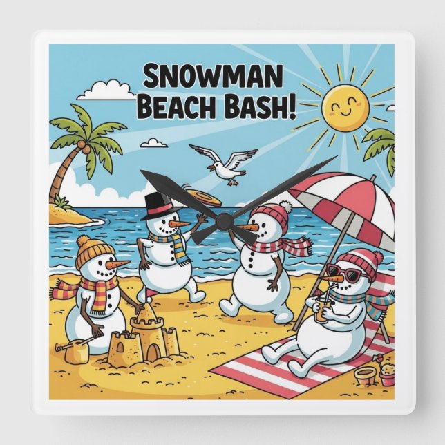 Relógio Quadrado Snowmen Beach Bash (Frente)