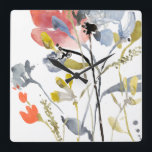 Relógio Quadrado Sobreposição de Flor - Flores de Pastel de Aquarel<br><div class="desc">Sobreposição de Flor I de Jennifer Goldberger. Possui flores e caules em um estilo semelhante a aquarela,  principalmente com um esquema de cores claras.</div>