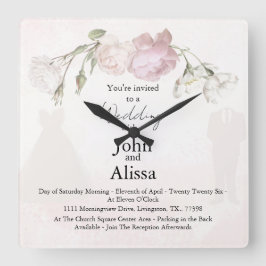 Relógio Quadrado Soft Pink Roses & Bride and Groom Collection