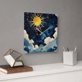 Relógio Quadrado Sol Celeste Moderno Estrelas e Nuvens Azuis