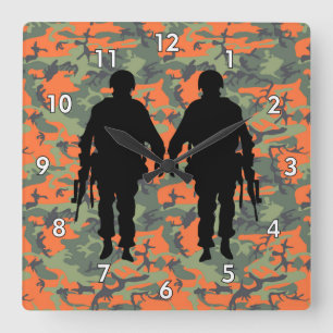 Relógio Quadrado Soldado Militar/Silhueta Guerreira com Camo