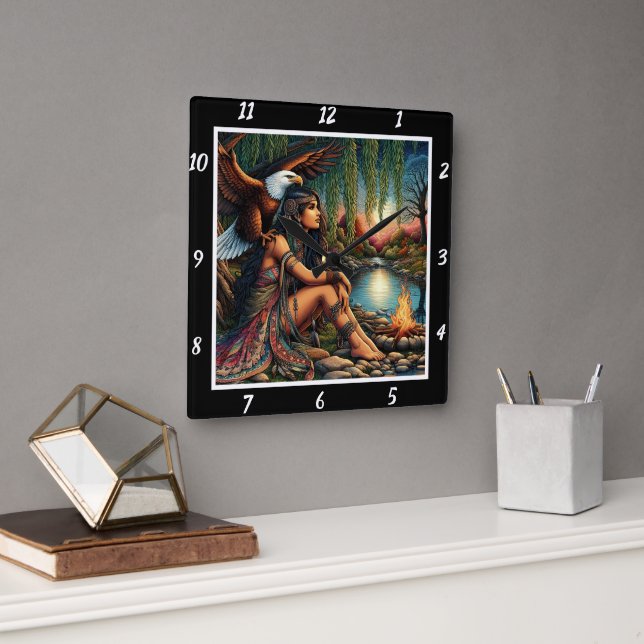 Relógio Quadrado Sombras Nativas: Dança de Estrela da Águia (Escritório)