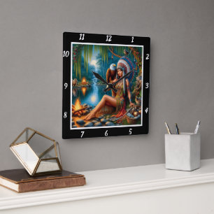 Relógio Quadrado Sombras Nativas: O Brilho da Estrela-da-Marcha da