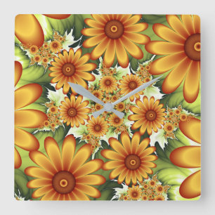 Relógio Quadrado Sonho Floral, Arte Fractal Moderna de Flor Abstrat