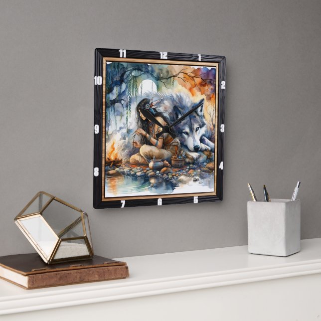 Relógio Quadrado Sonho Indígena Nativo: Rio de Reflexões (Escritório)