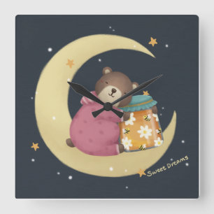 Relógio Quadrado Sonhos Doces: Ilustração de Urso e Mel