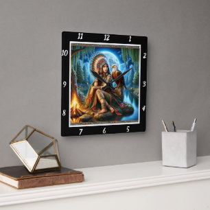 Relógio Quadrado Sonhos Nativos: Reflexão da Lua dos Olhos da Águia